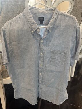J. Crew Mens Light Blue Short-Sleeve Linen Button-Down Shirt
